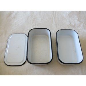 LOT OF 2 VINTAGE ENAMALWARE REFRIGERATOR STORAGE BINS ONE WITH LID